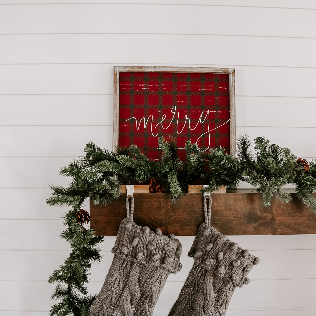 Merry Plaid Wood Sign 8x8