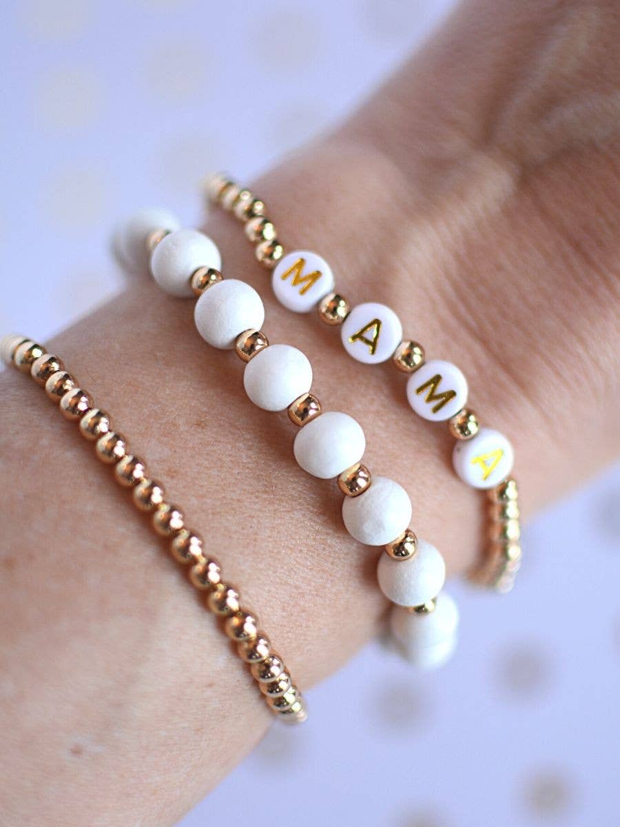 Cream and Gold MAMA word beaded bracelet set